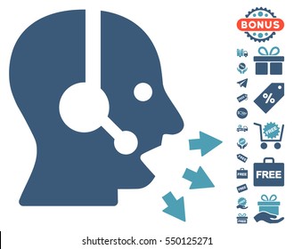 Operator Speak pictograph with free bonus icon set. Vector illustration style is flat iconic symbols, cyan and blue colors, white background.