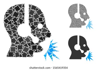 Operator speech composition of abrupt elements in different sizes and color tones, based on operator speech icon. Vector abrupt elements are organized into collage.