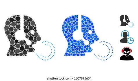 Operator speech composition of round dots in variable sizes and color hues, based on operator speech icon. Vector round dots are composed into blue collage.