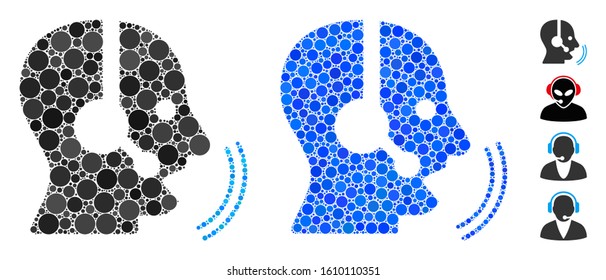 Operator speech composition of round dots in variable sizes and color tones, based on operator speech icon. Vector round dots are grouped into blue composition.