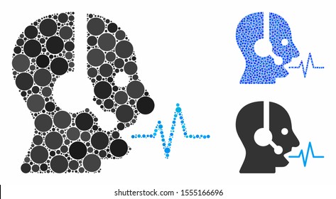 Operator speech composition of small circles in various sizes and color tints, based on operator speech icon. Vector small circles are combined into blue mosaic.
