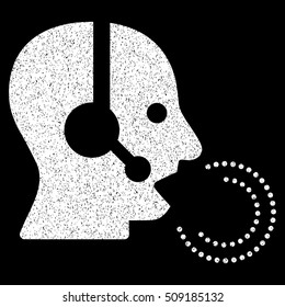 Operator Speech grainy textured icon for overlay watermark stamps. Flat symbol with scratched texture. Dotted vector white ink rubber seal stamp with grunge design on a black background.