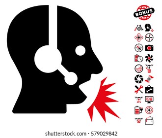 Operator Speech icon with bonus airdrone service graphic icons. Vector illustration style is flat iconic intensive red and black symbols on white background.