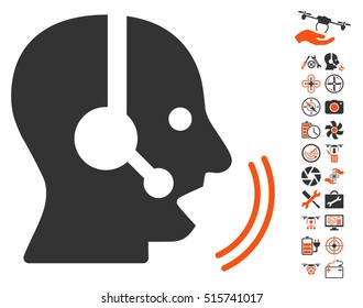 Operator Speech icon with bonus drone service pictograms. Vector illustration style is flat iconic symbols on white background.