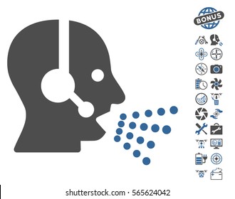 Operator Speech icon with bonus drone tools pictures. Vector illustration style is flat iconic cobalt and gray symbols on white background.