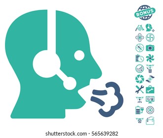 Operator Speech icon with bonus drone tools icon set. Vector illustration style is flat iconic cobalt and cyan symbols on white background.