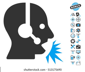 Operator Speech icon with bonus flying drone service clip art. Vector illustration style is flat iconic blue and gray symbols on white background.