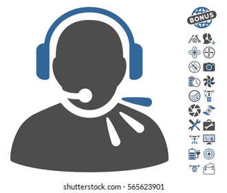 Operator Speech icon with bonus nanocopter tools images. Vector illustration style is flat iconic cobalt and gray symbols on white background.