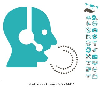 Operator Speech icon with bonus nanocopter service pictograms. Vector illustration style is flat iconic grey and cyan symbols on white background.