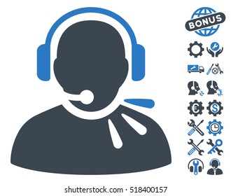 Operator Speech icon with bonus options design elements. Vector illustration style is flat iconic smooth blue symbols on white background.