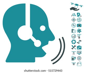 Operator Speech icon with bonus quad copter tools pictures. Vector illustration style is flat iconic symbols on white background.