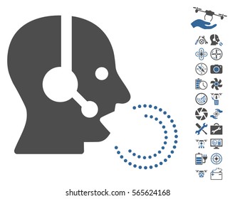 Operator Speech icon with bonus quad copter service graphic icons. Vector illustration style is flat iconic cobalt and gray symbols on white background.