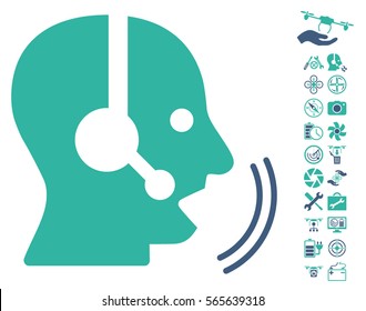 Operator Speech icon with bonus quad copter service symbols. Vector illustration style is flat iconic cobalt and cyan symbols on white background.