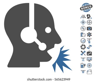 Operator Speech icon with bonus quadrocopter service pictograms. Vector illustration style is flat iconic cobalt and gray symbols on white background.