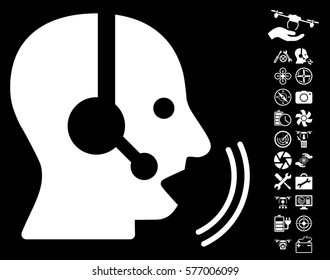 Operator Speech icon with bonus quadrocopter service design elements. Vector illustration style is flat iconic white symbols on black background.