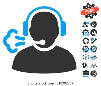 Operator Speech icon with bonus service pictures. Vector illustration style is flat iconic blue and gray symbols on white background.
