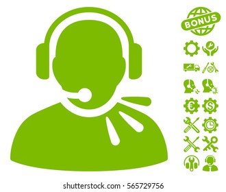 Operator Speech icon with bonus service images. Vector illustration style is flat iconic eco green symbols on white background.