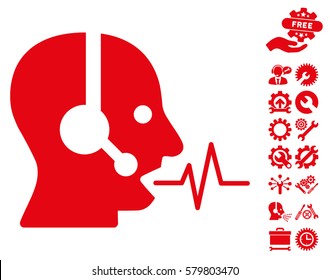Operator Speech icon with bonus service pictures. Vector illustration style is flat iconic red symbols on white background.