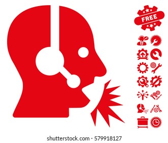 Operator Speech icon with bonus service graphic icons. Vector illustration style is flat iconic red symbols on white background.