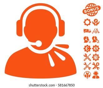 Operator Speech icon with bonus service icon set. Vector illustration style is flat iconic orange symbols on white background.