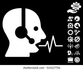Operator Speech icon with bonus settings pictograph collection. Vector illustration style is flat iconic white symbols on black background.