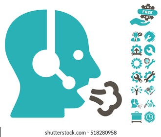 Operator Speech icon with bonus settings pictures. Vector illustration style is flat iconic grey and cyan symbols on white background.