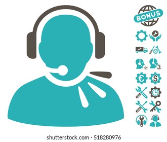 Operator Speech icon with bonus settings design elements. Vector illustration style is flat iconic grey and cyan symbols on white background.