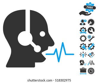 Operator Speech icon with bonus settings clip art. Vector illustration style is flat iconic blue and gray symbols on white background.