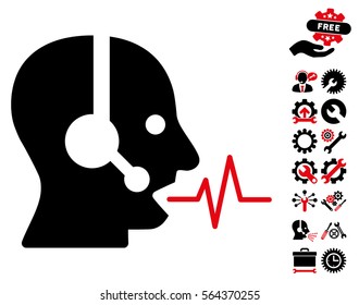 Operator Speech icon with bonus settings pictograph collection. Vector illustration style is flat iconic intensive red and black symbols on white background.