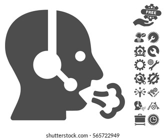 Operator Speech icon with bonus settings pictograms. Vector illustration style is flat iconic gray symbols on white background.