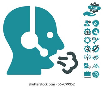 Operator Speech icon with bonus settings symbols. Vector illustration style is flat iconic soft blue symbols on white background.