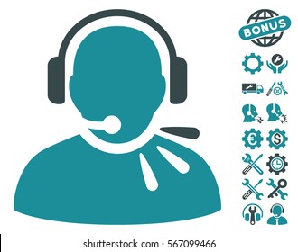 Operator Speech icon with bonus settings pictures. Vector illustration style is flat iconic soft blue symbols on white background.