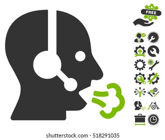 Operator Speech icon with bonus tools graphic icons. Vector illustration style is flat iconic eco green and gray symbols on white background.