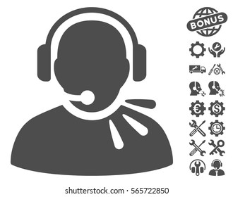 Operator Speech icon with bonus tools symbols. Vector illustration style is flat iconic gray symbols on white background.