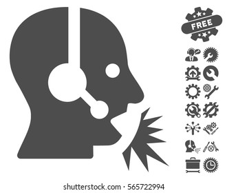Operator Speech icon with bonus tools pictures. Vector illustration style is flat iconic gray symbols on white background.