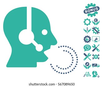 Operator Speech icon with bonus tools symbols. Vector illustration style is flat iconic cobalt and cyan symbols on white background.