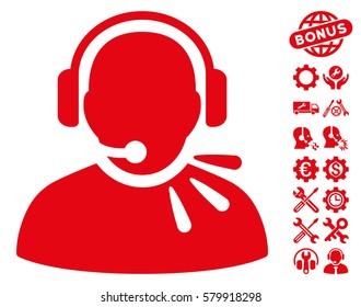 Operator Speech icon with bonus tools symbols. Vector illustration style is flat iconic red symbols on white background.