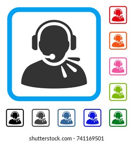 Operator Speech icon. Flat grey iconic symbol in a light blue rounded rectangle. Black, gray, green, blue, red, orange color variants of Operator Speech vector.