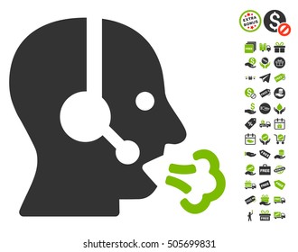 Operator Speech icon with free bonus pictograph collection. Vector illustration style is flat iconic symbols, eco green and gray colors, white background.