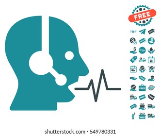 Operator Speech icon with free bonus clip art. Vector illustration style is flat iconic symbols, soft blue colors, white background.