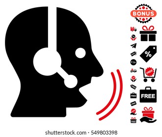 Operator Speech icon with free bonus clip art. Vector illustration style is flat iconic symbols, intensive red and black colors, white background.