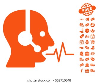 Operator Speech icon with free bonus pictograms. Vector illustration style is flat iconic symbols, orange color, white background.