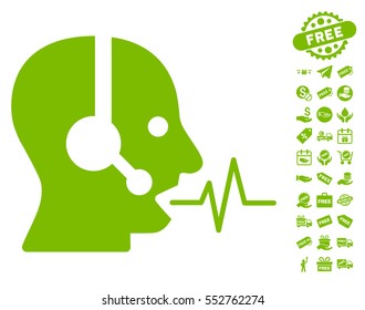 Operator Speech icon with free bonus pictograms. Vector illustration style is flat iconic symbols, eco green color, white background.