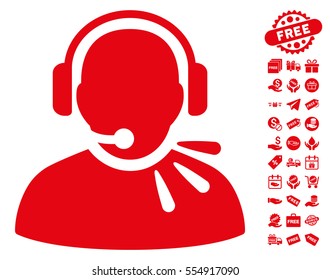 Operator Speech icon with free bonus icon set. Vector illustration style is flat iconic symbols, red color, white background.