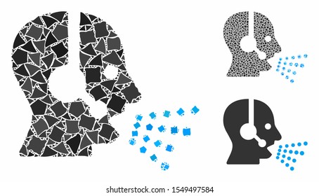 Operator speech mosaic of irregular pieces in various sizes and color tinges, based on operator speech icon. Vector humpy pieces are united into collage.