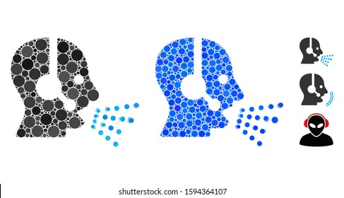 Operator speech mosaic of round dots in various sizes and color tones, based on operator speech icon. Vector round dots are grouped into blue collage.