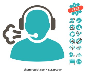 Operator Speech pictograph with bonus configuration pictograms. Vector illustration style is flat iconic grey and cyan symbols on white background.