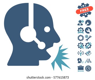 Operator Speech pictograph with bonus configuration icon set. Vector illustration style is flat iconic cyan and blue symbols on white background.