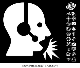 Operator Speech pictograph with bonus drone service pictograph collection. Vector illustration style is flat iconic white symbols on black background.
