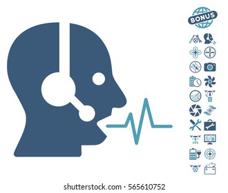 Operator Speech pictograph with bonus flying drone tools pictograms. Vector illustration style is flat iconic cyan and blue symbols on white background.